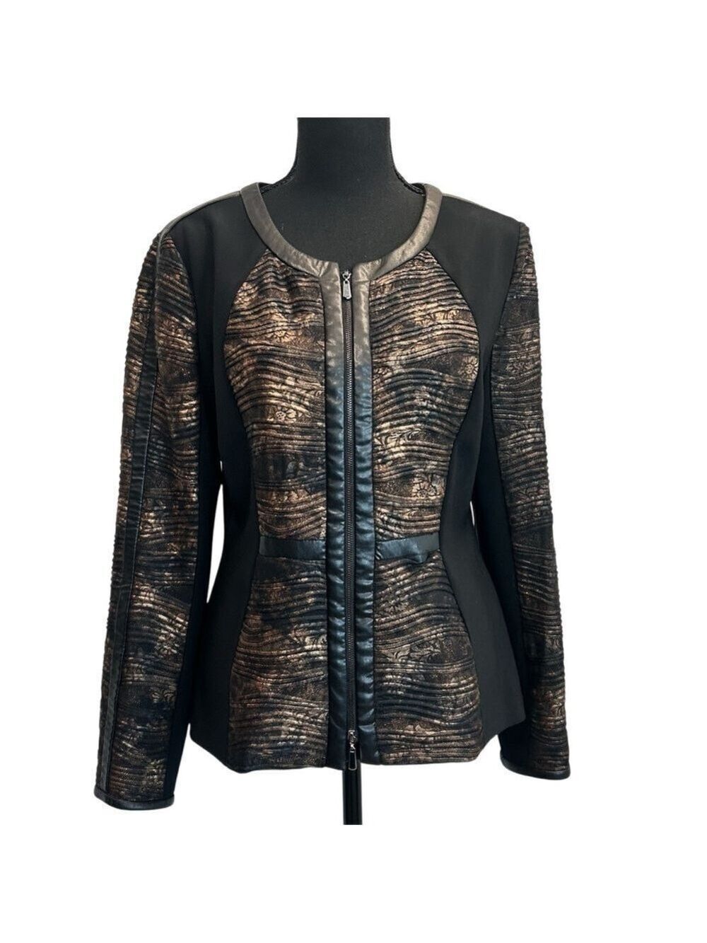 Joseph Ribkoff black bronze brown faux leather trim full zip jacket blazer 10